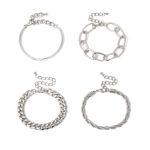 fxmimior Dainty Boho Gold Silver Chain Bracelets Set for Women Adjustable Fashion Beaded Chunky Flat Cable Chain Punk Bracelets Jewelry for Women Girls Gift Set of 4 (Silver) - Image 3
